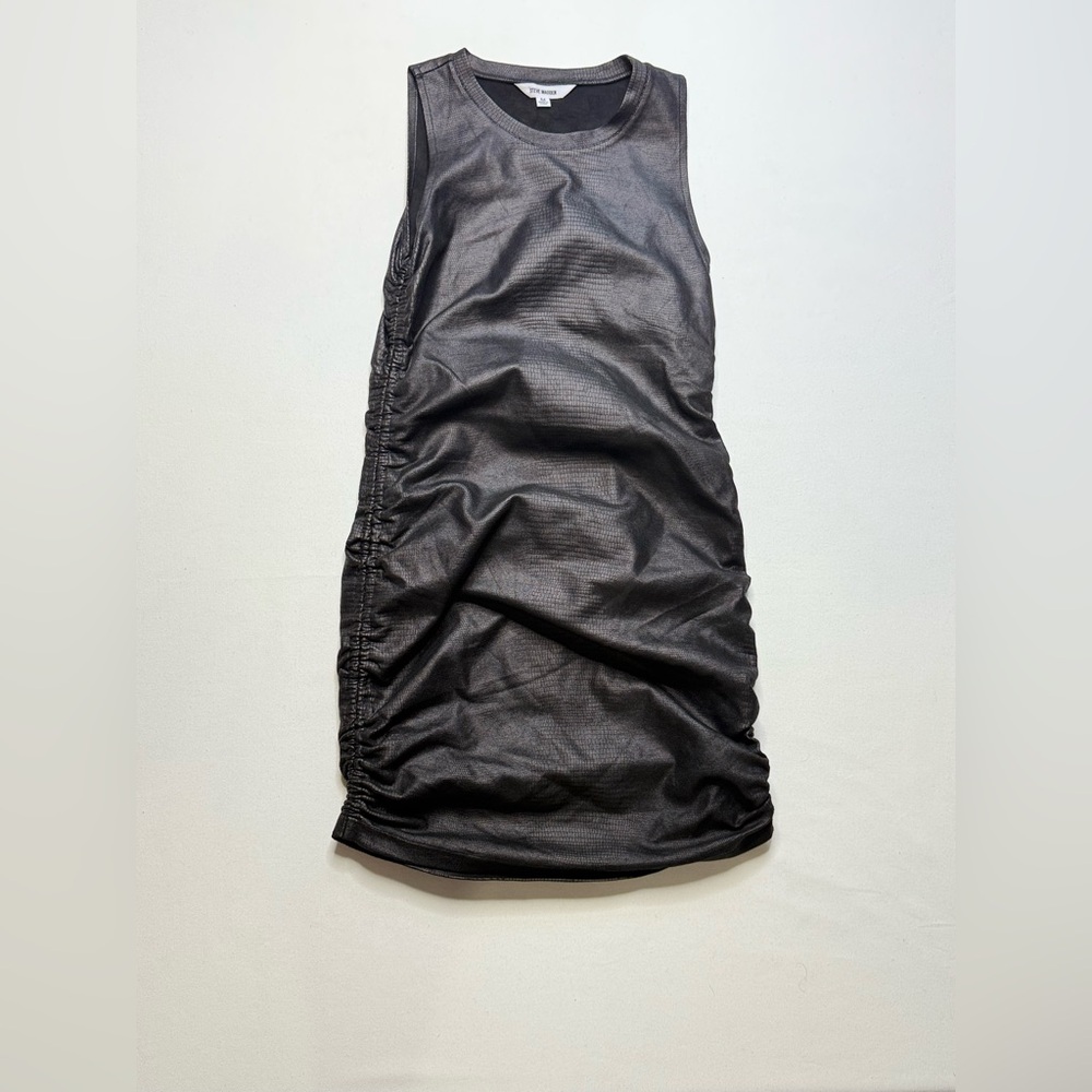 Steve Madden Black Faux Leather Elegant Black Ruched Sleeveless Mini Dress Sz M